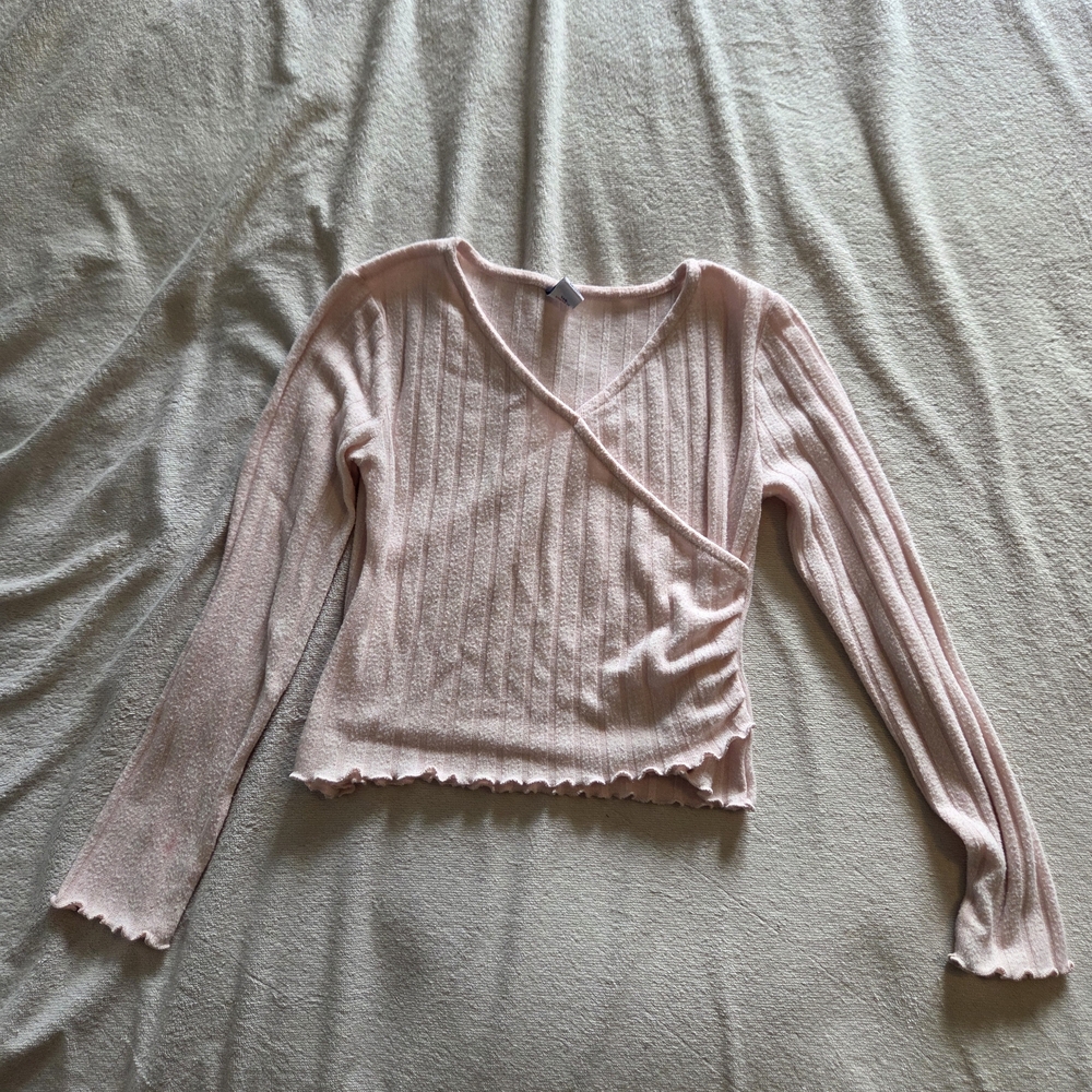 Old Navy Light Pink Ribbed Wrap-Front Long Sleeve Top